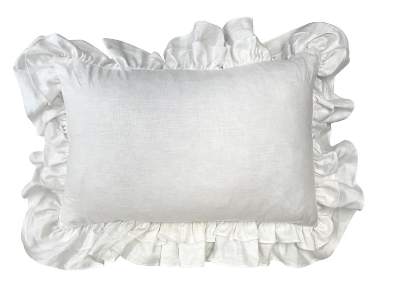 White Frilled 100% Flax Linen Lumbar Cushion | 40CM X 60CM