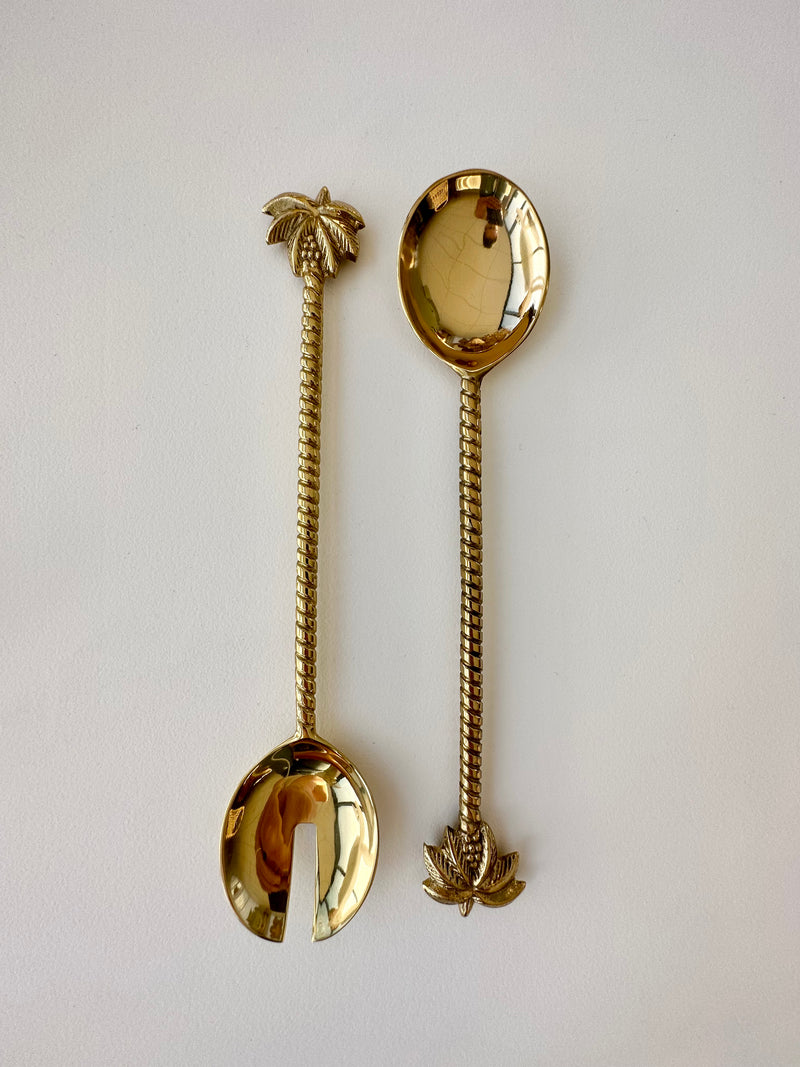 Gold Brass Palm Serving Spoons | Pair