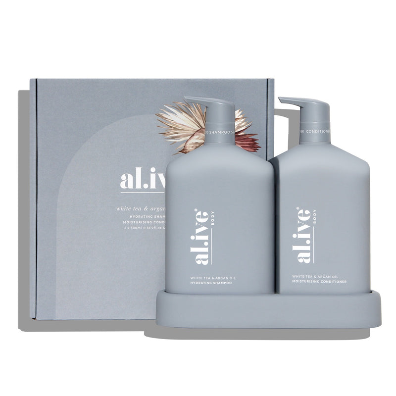 al.ive body | Shampoo & Conditioner Duo + Tray - White Tea & Argan Oil