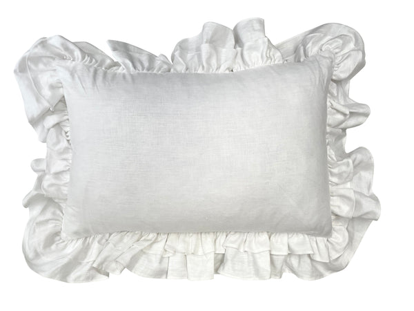 White Frilled 100% Flax Linen Lumbar Cushion | 40CM X 60CM
